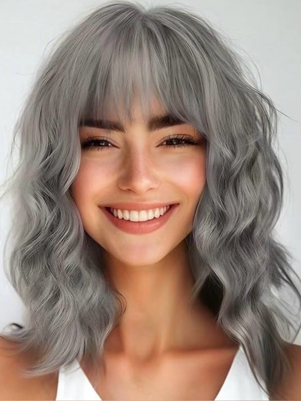 14-inch Silver-Gray Short Wavy Curly Bob Wig with Bangs NEW